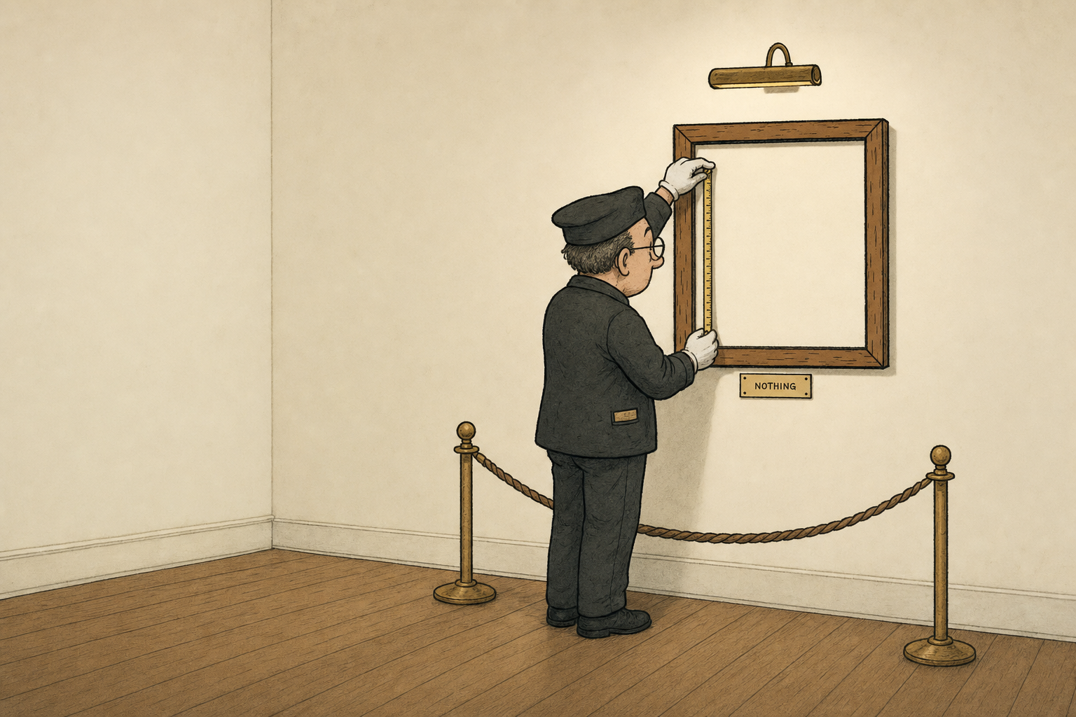 A gallery guard measuring an empty wooden frame on the wall